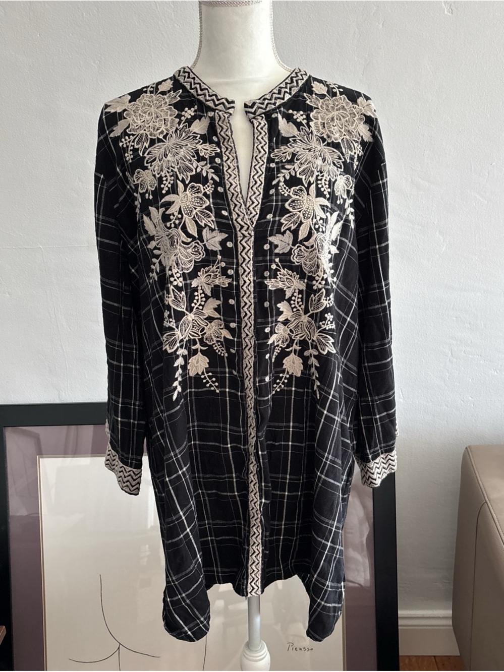 Johnny Was Workshop Black Embroidered Plaid Tunic with Cream Floral Detail XL